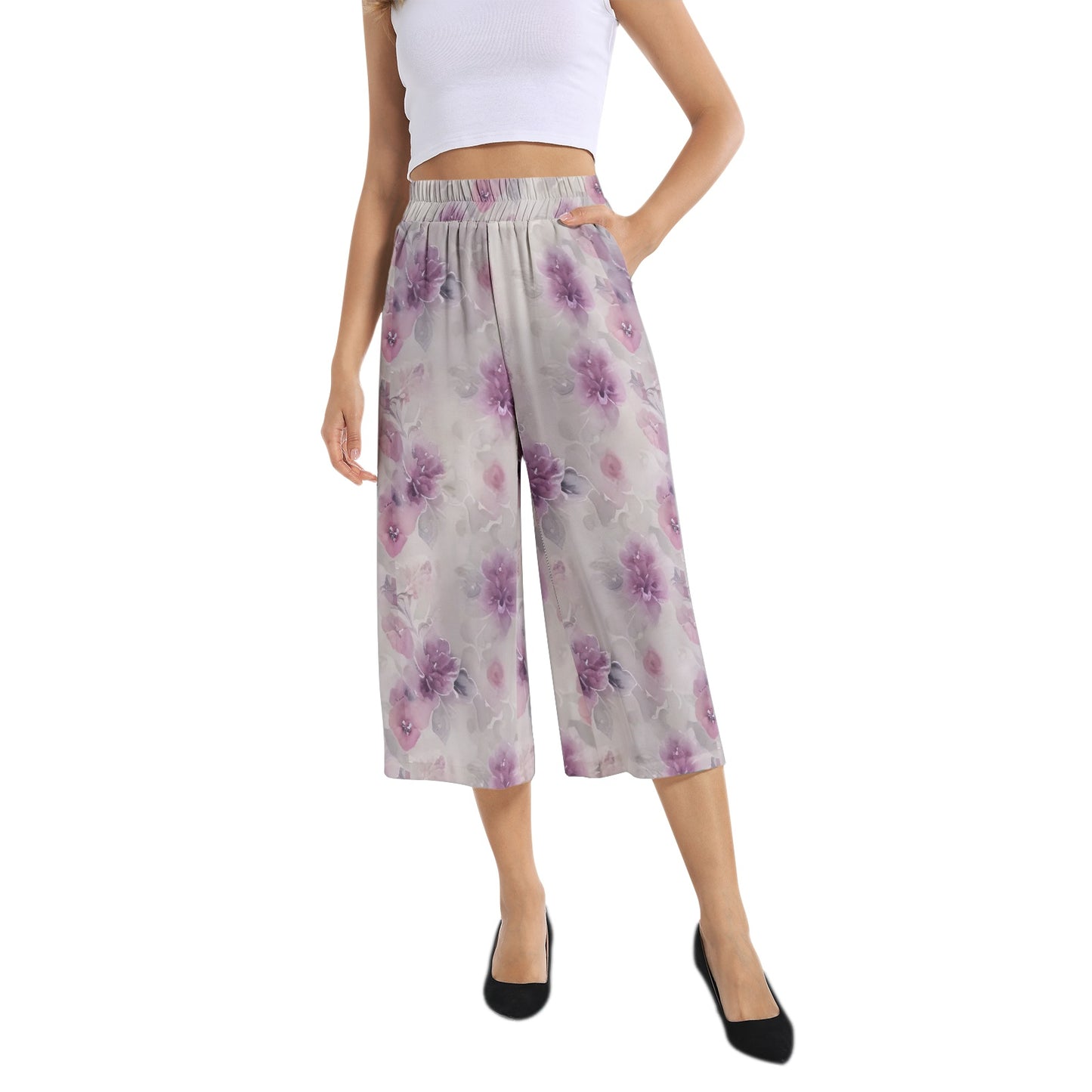 Elastic Waist Capris Wide Leg Pant