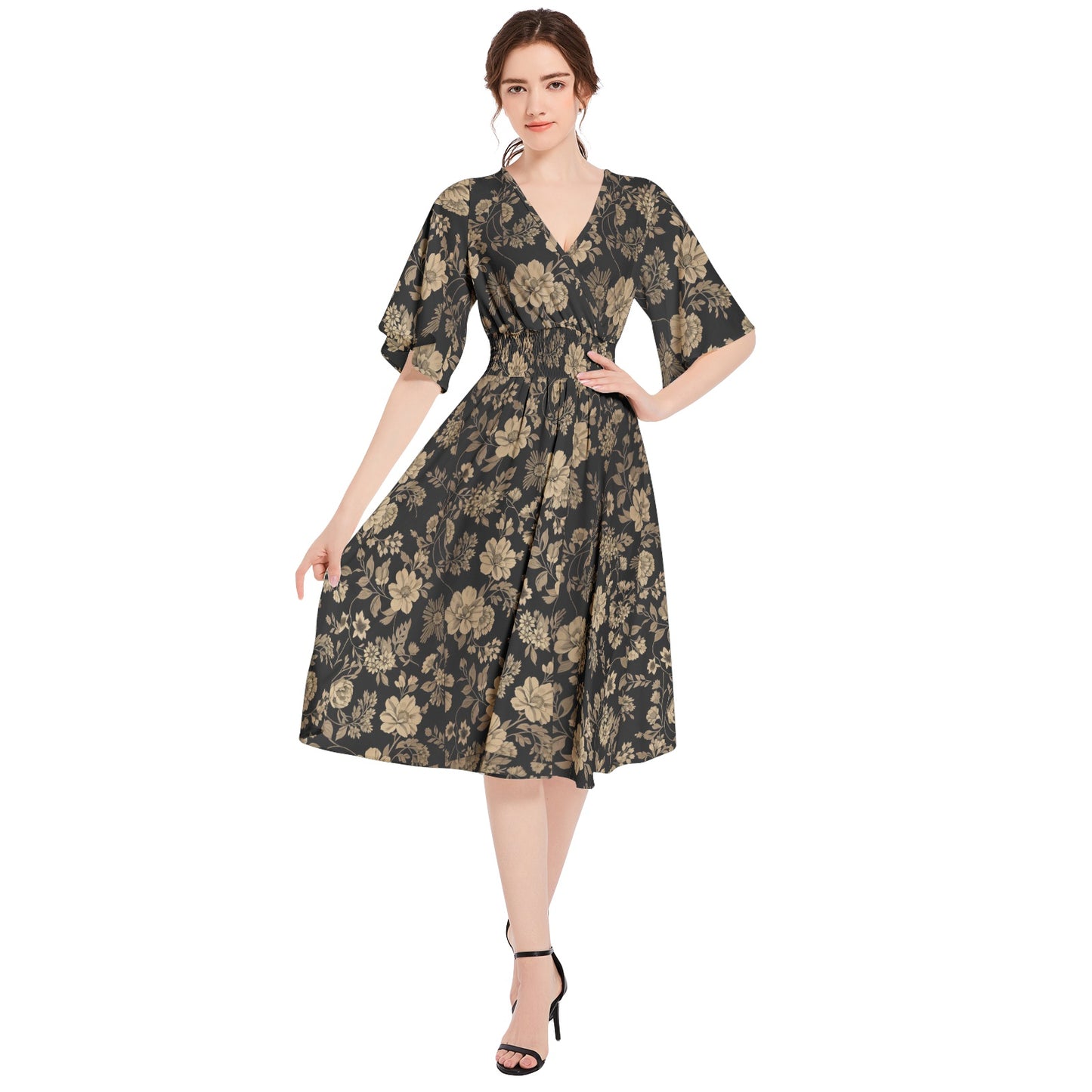 Butterfly Sleeve Shirred High Waist A Line Midi Dress