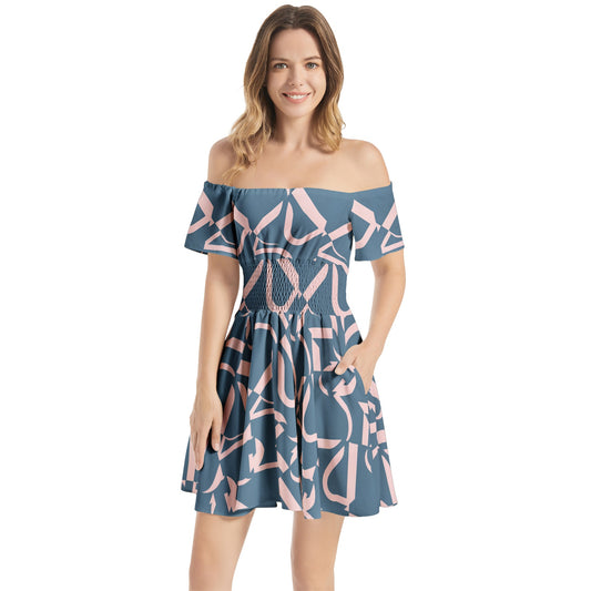 Off Shoulder Shirred Waist Flared Mini Dress