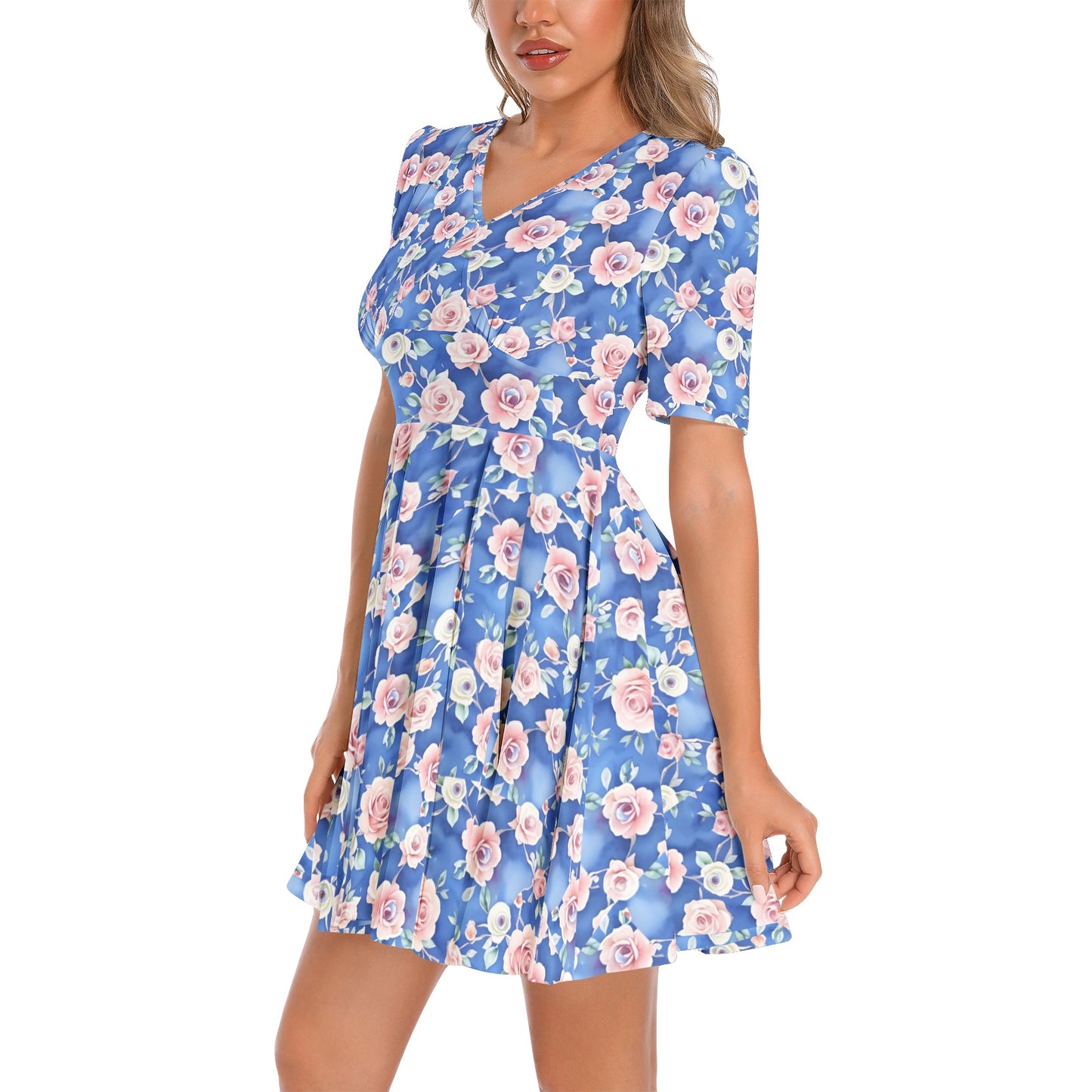 Short Sleeve Ruched Bust Flared Hem Dress