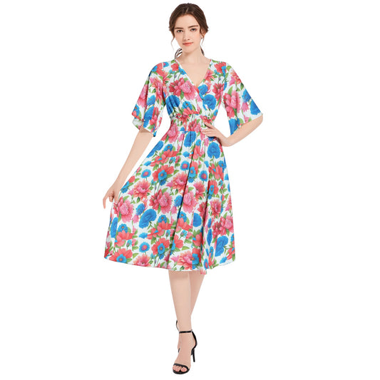 Butterfly Sleeve Shirred High Waist A Line Midi Dress