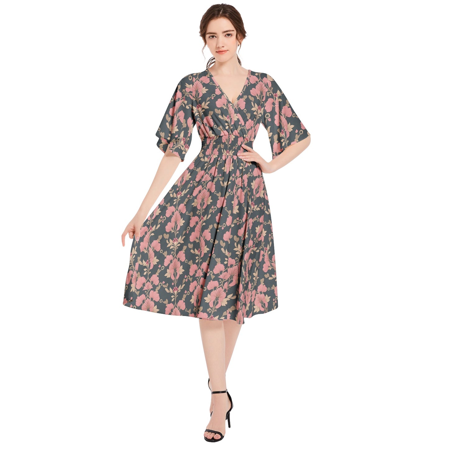 Butterfly Sleeve Shirred High Waist A Line Midi Dress