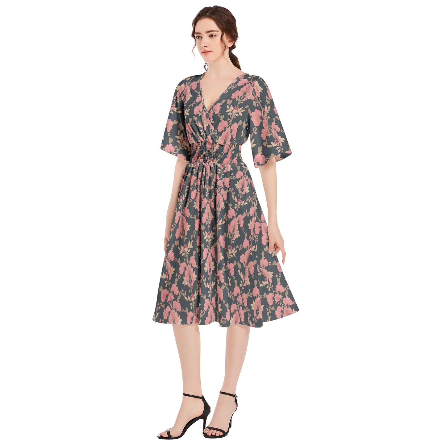 Butterfly Sleeve Shirred High Waist A Line Midi Dress