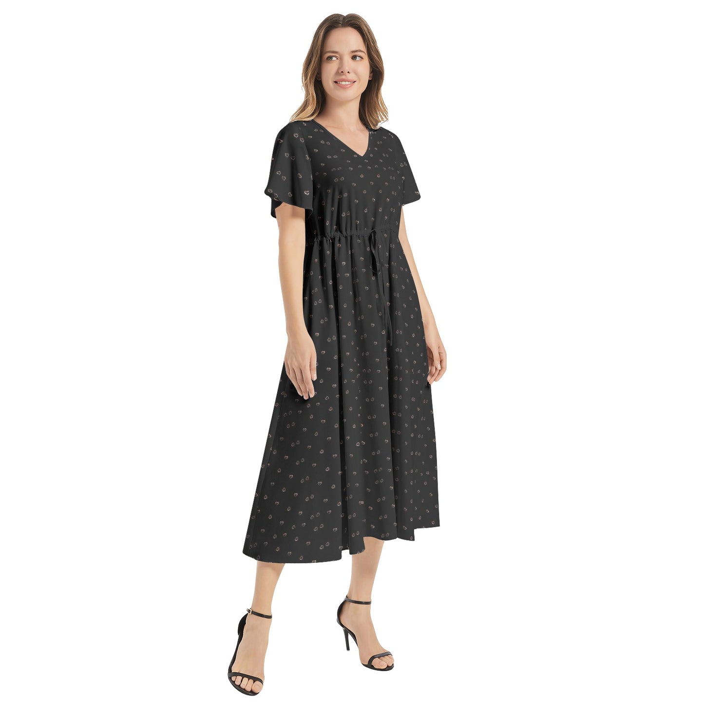 Flutter Sleeve Drawstring Waist Flared Dress