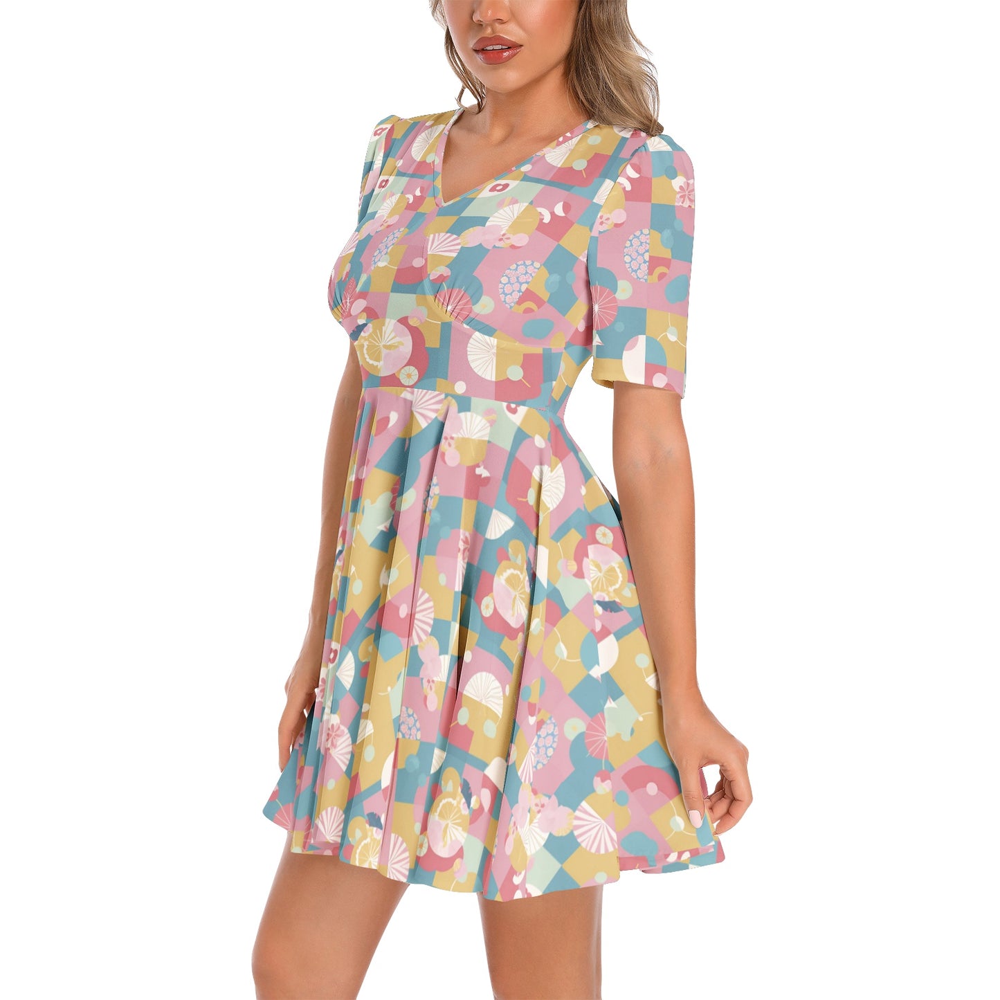 Short Sleeve Ruched Bust Flared Hem Dress