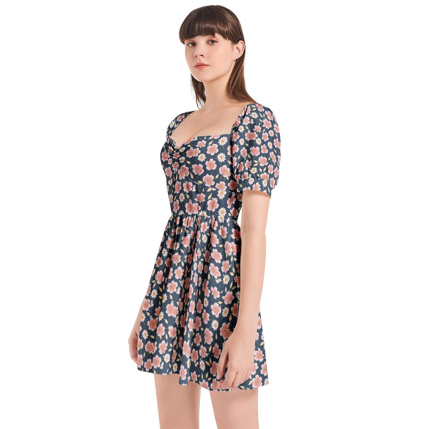 Puff Sleeve Sweetheart Neck Short Dress