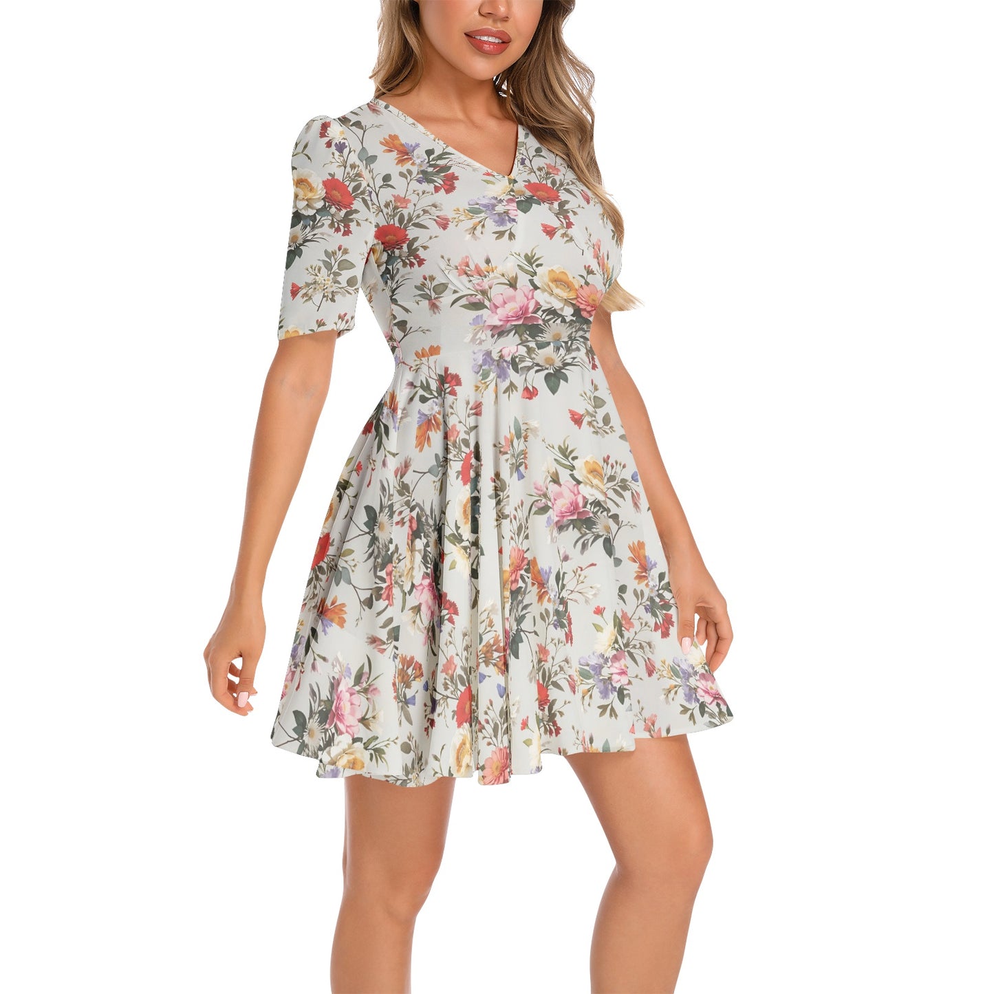 Short Sleeve Ruched Bust Flared Hem Dress