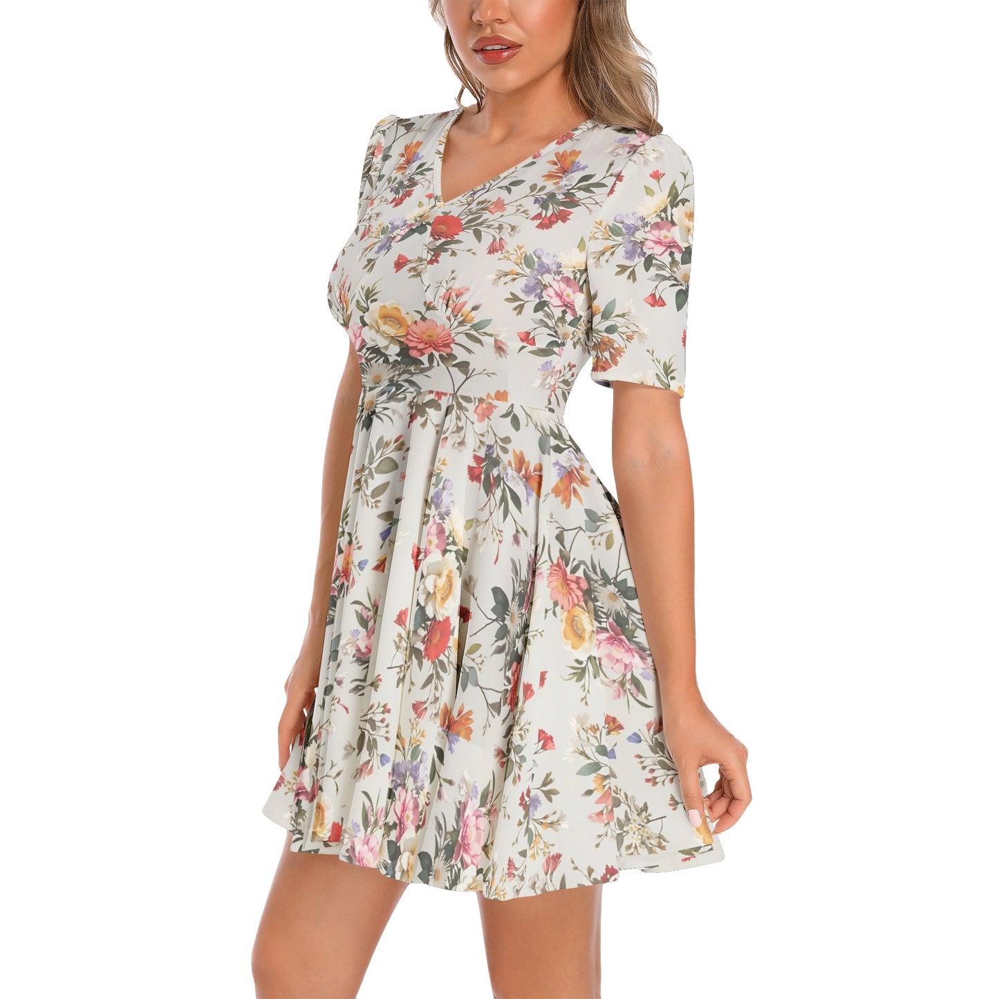 Short Sleeve Ruched Bust Flared Hem Dress