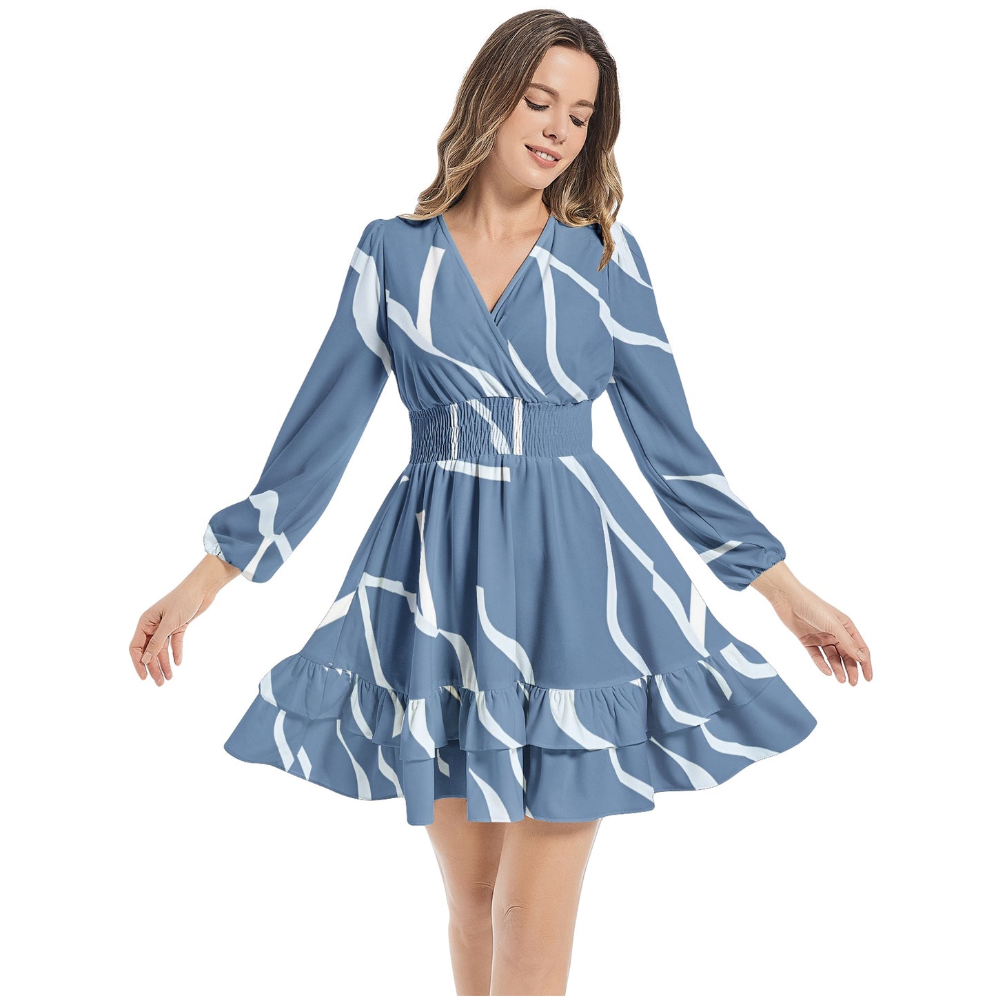 Long Sleeve Tiered Ruffle Hem Elastic Waist Mini Dress