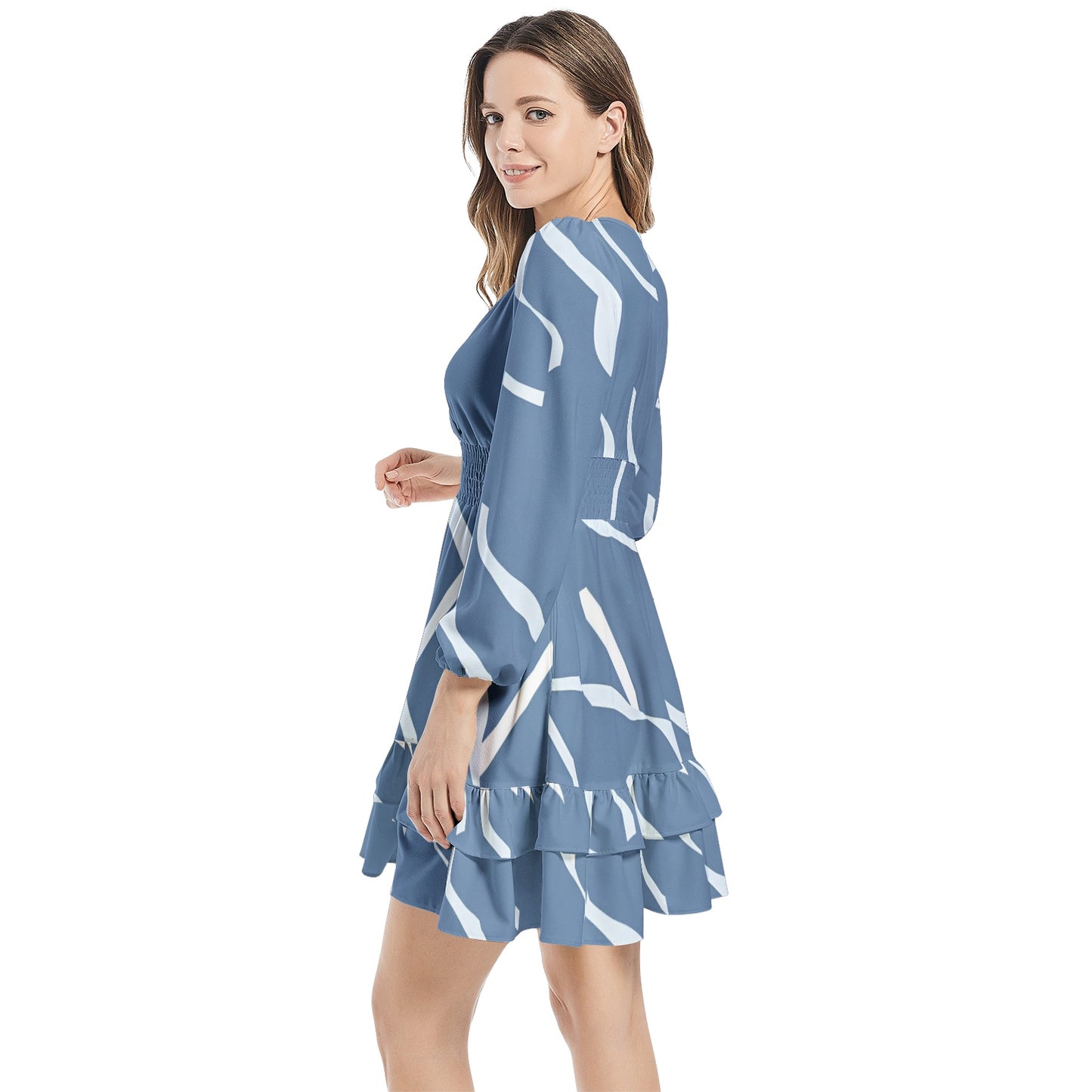 Long Sleeve Tiered Ruffle Hem Elastic Waist Mini Dress