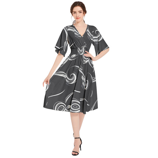 Butterfly Sleeve Shirred High Waist A Line Midi Dress