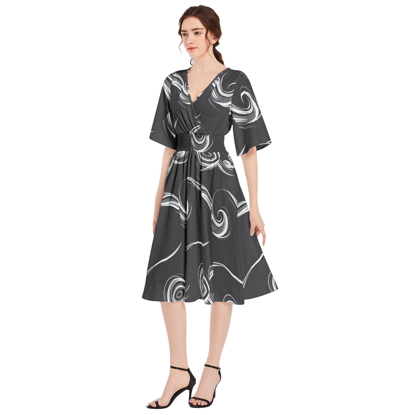 Butterfly Sleeve Shirred High Waist A Line Midi Dress