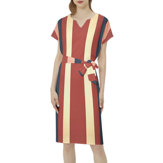 Betwing Seleeve Notch Neck Casual Dress with Belt