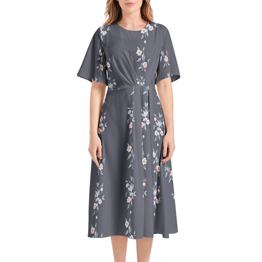 Short Sleeve Waist Folding Midi Dress