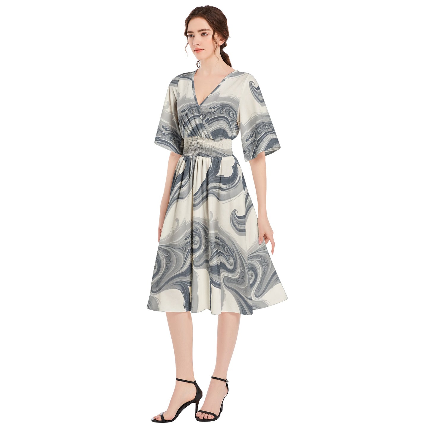 Butterfly Sleeve Shirred High Waist A Line Midi Dress