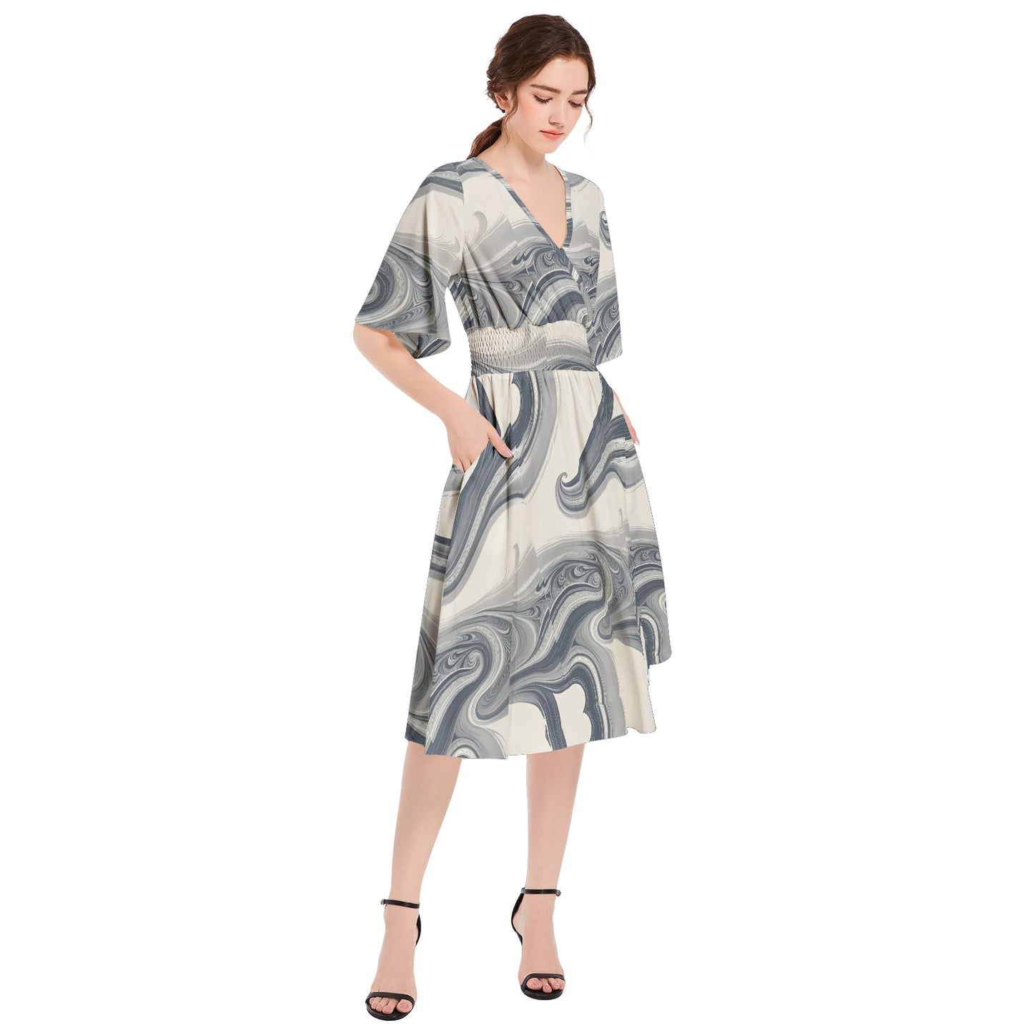 Butterfly Sleeve Shirred High Waist A Line Midi Dress