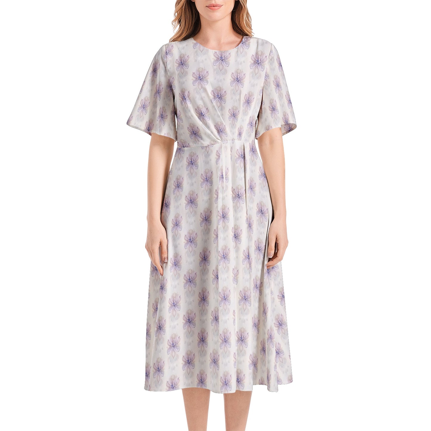 Short Sleeve Waist Folding Midi Dress