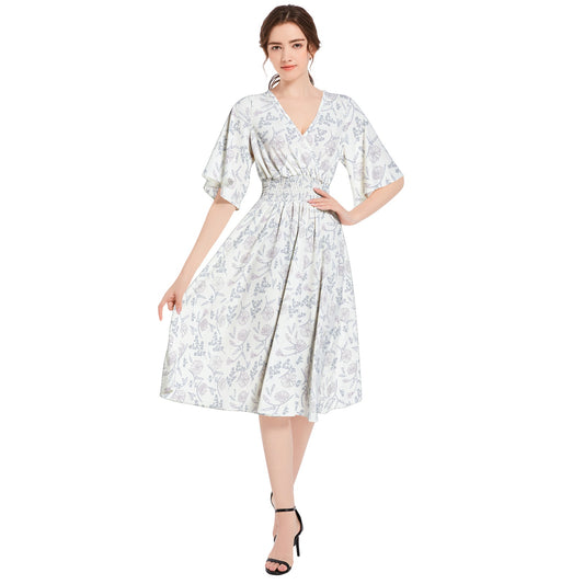 Butterfly Sleeve Shirred High Waist A Line Midi Dress