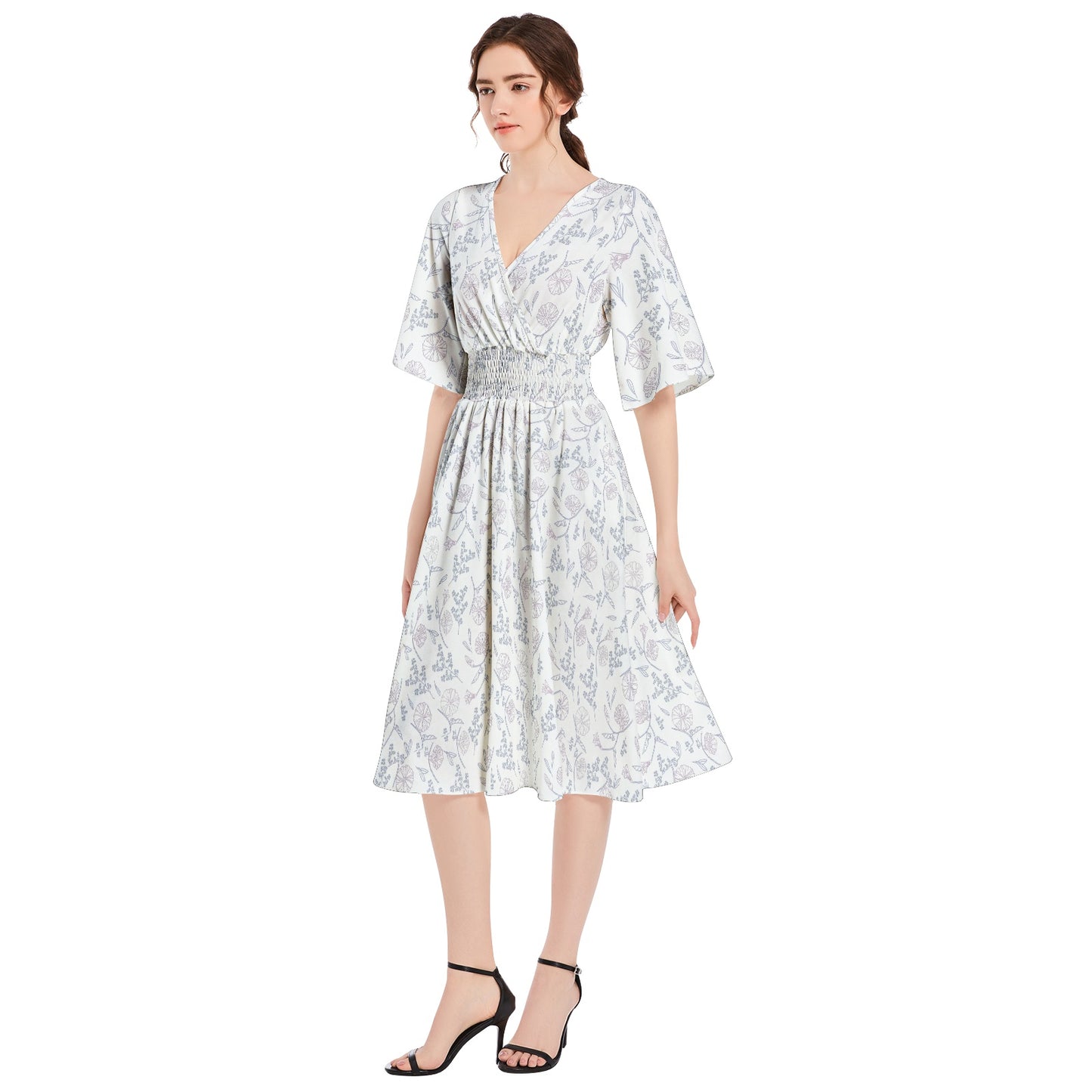 Butterfly Sleeve Shirred High Waist A Line Midi Dress