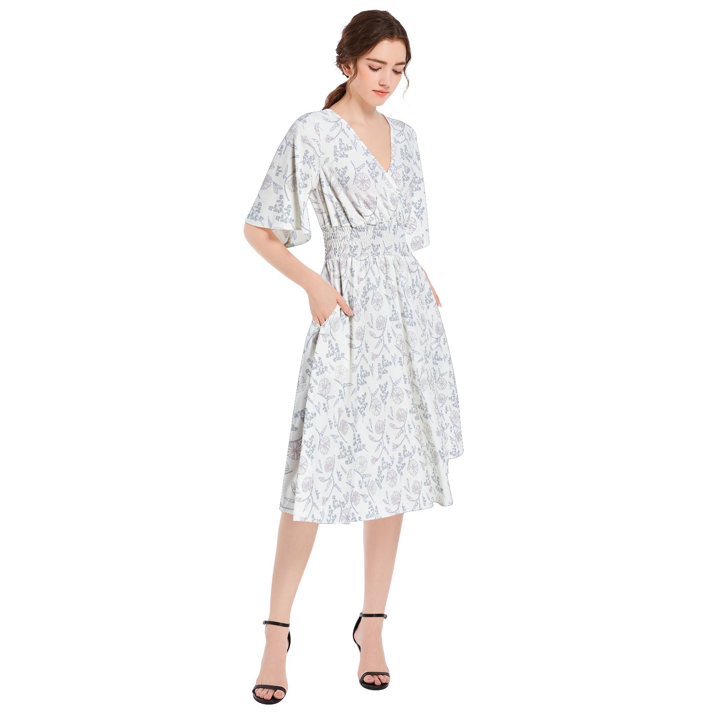 Butterfly Sleeve Shirred High Waist A Line Midi Dress