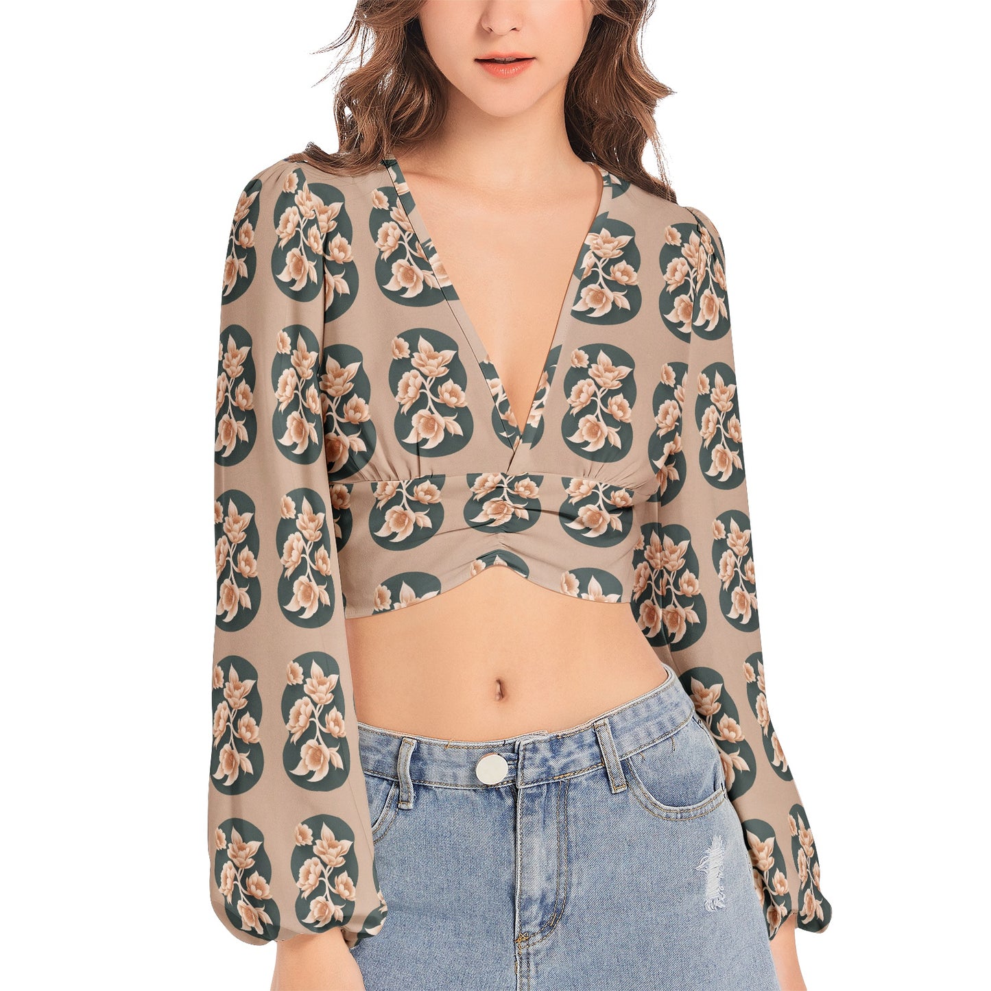 Women's Deep V-Neck Lantern Sleeve Crop Top