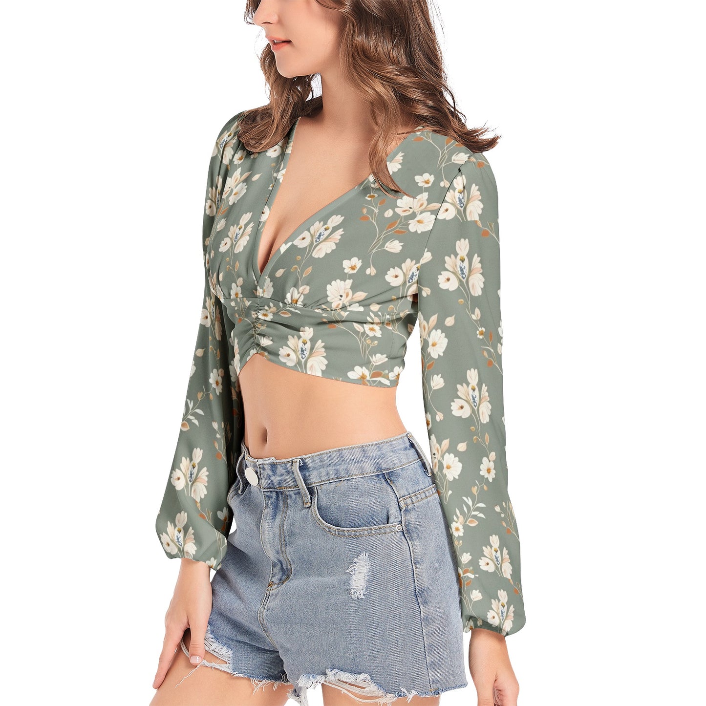 Women's Deep V-Neck Lantern Sleeve Crop Top