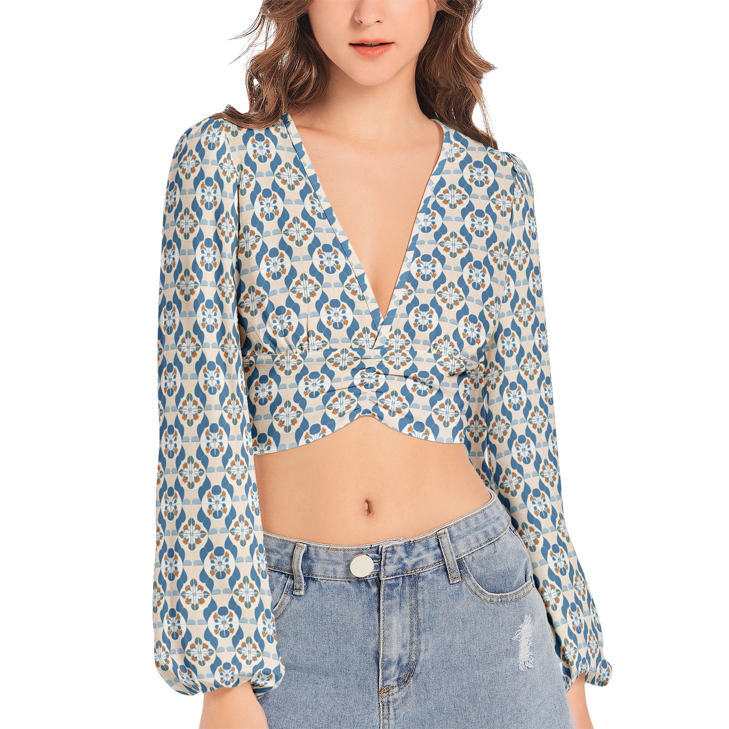 Women's Deep V-Neck Lantern Sleeve Crop Top