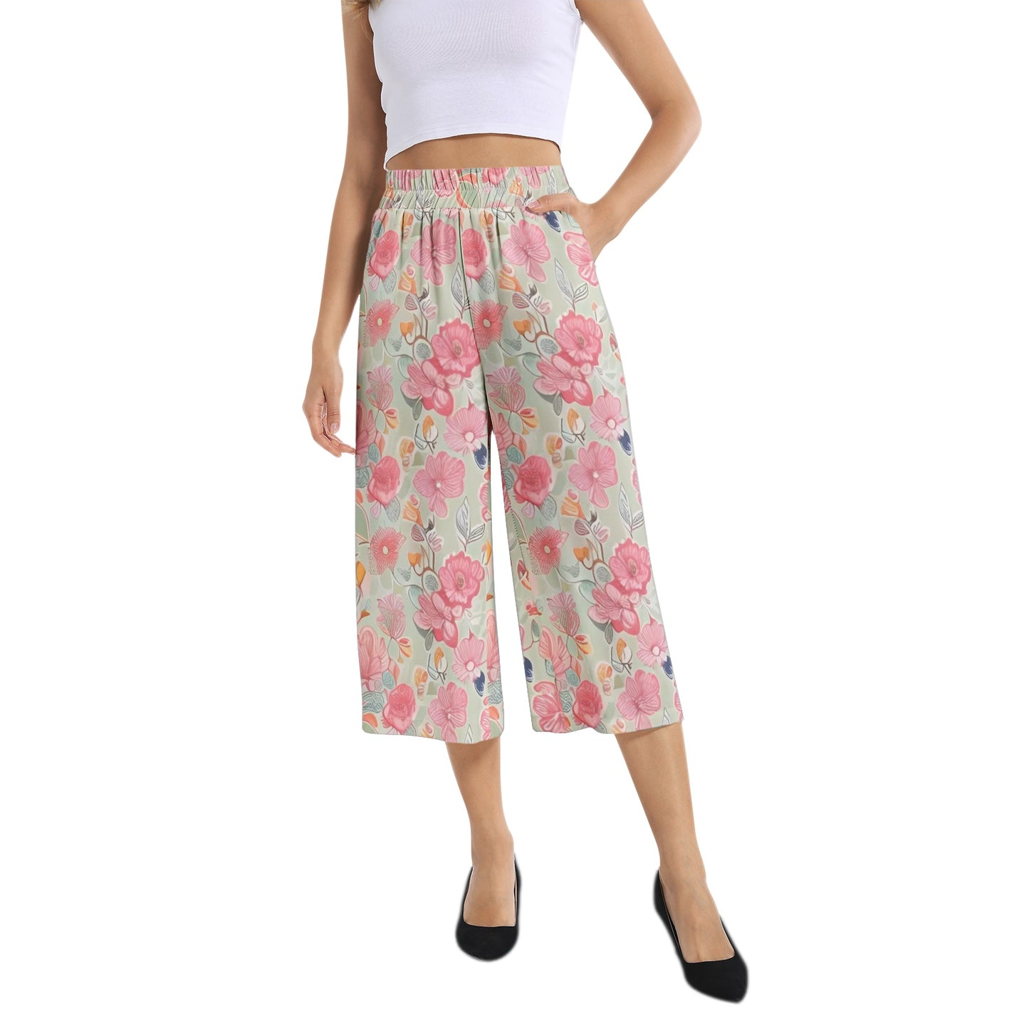 Elastic Waist Capris Wide Leg Pant