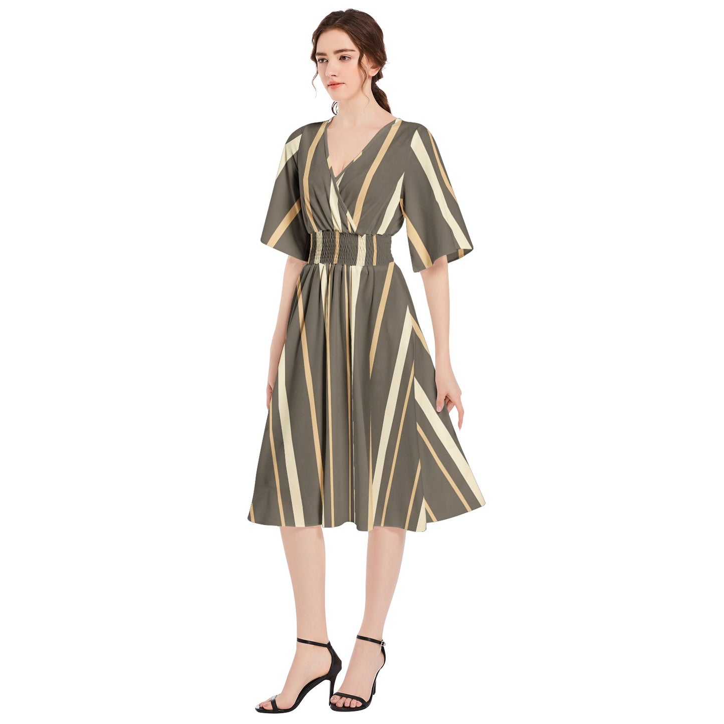 Butterfly Sleeve Shirred High Waist A Line Midi Dress