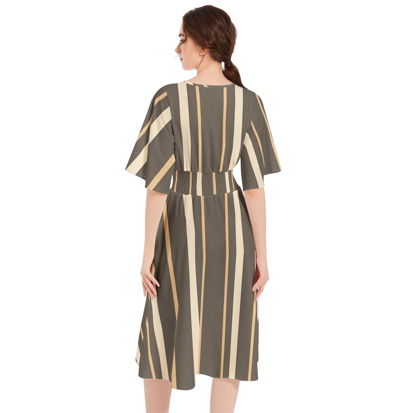 Butterfly Sleeve Shirred High Waist A Line Midi Dress