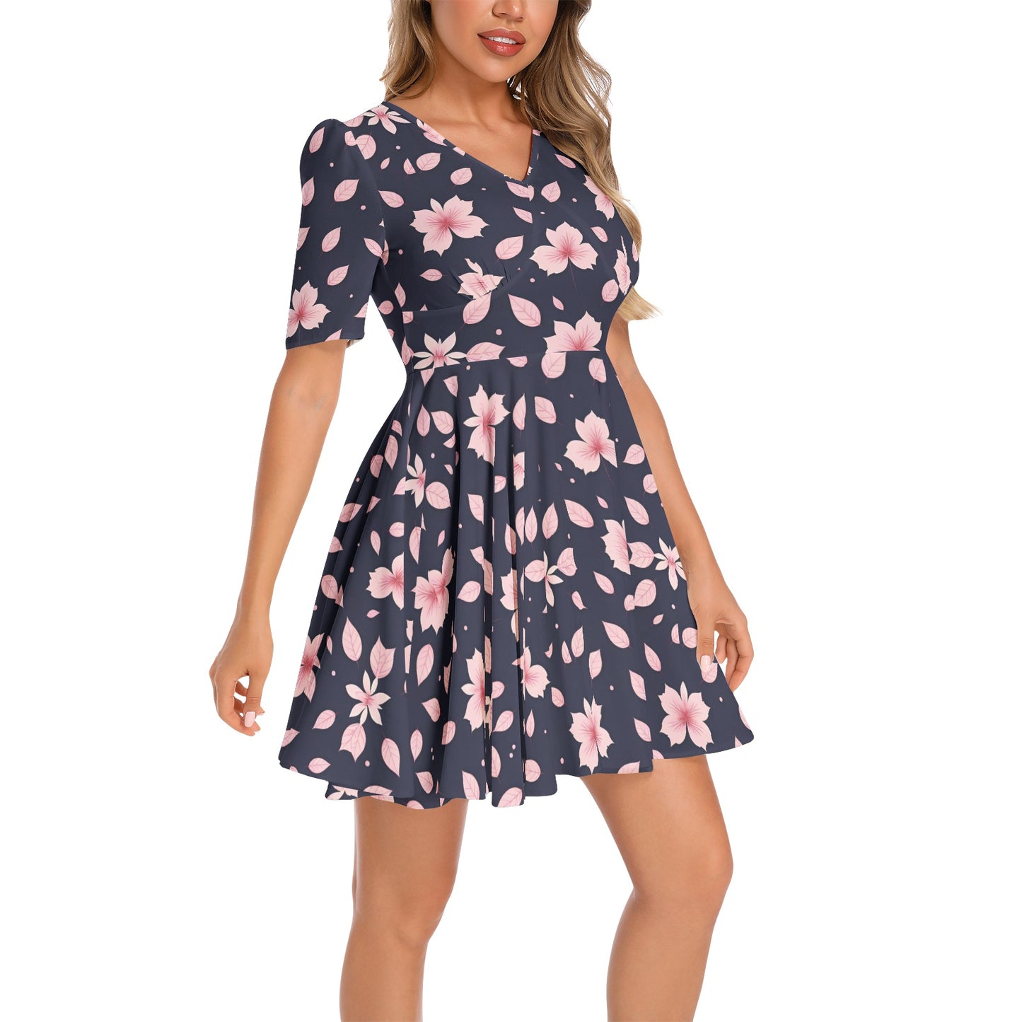 Short Sleeve Ruched Bust Flared Hem Dress