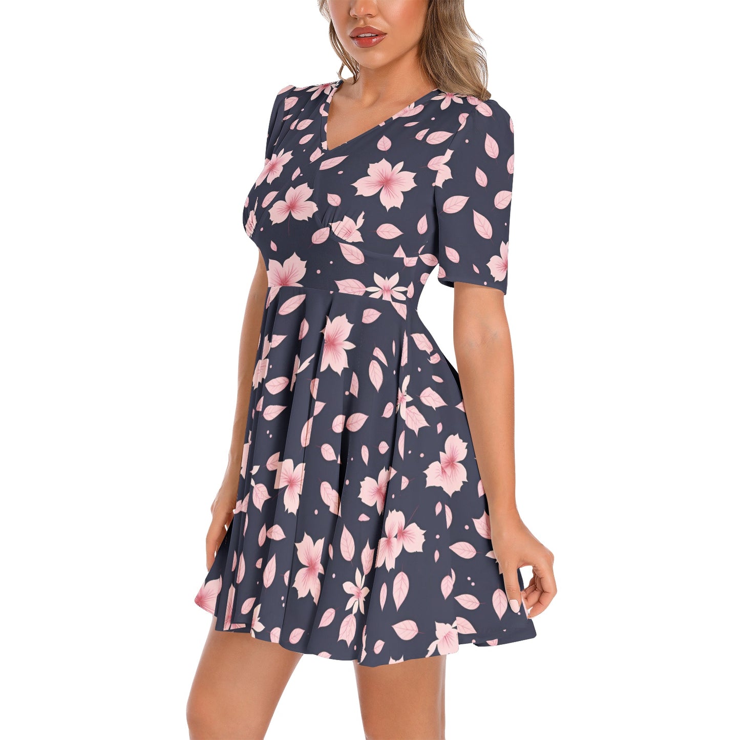 Short Sleeve Ruched Bust Flared Hem Dress