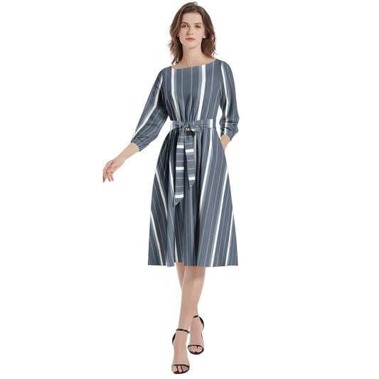 Boat Neck Belted Flared Dress