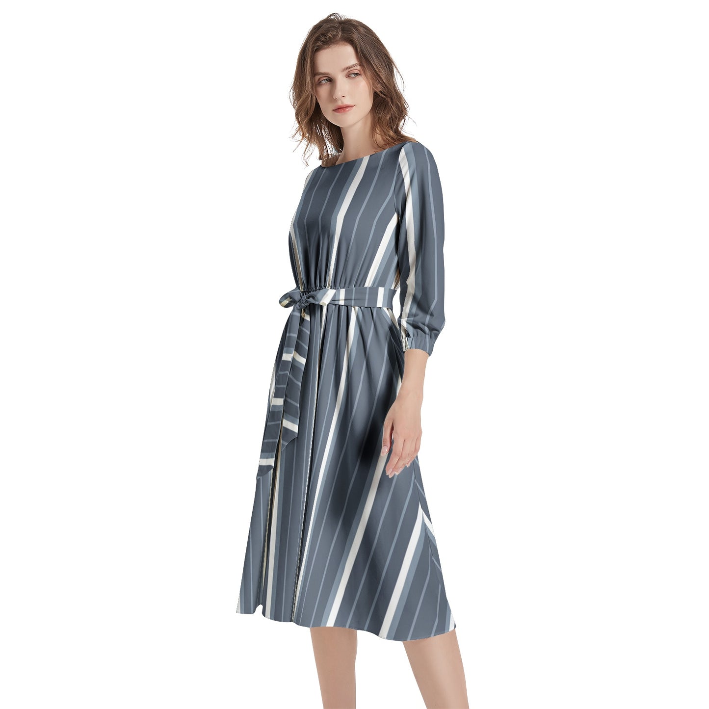 Boat Neck Belted Flared Dress