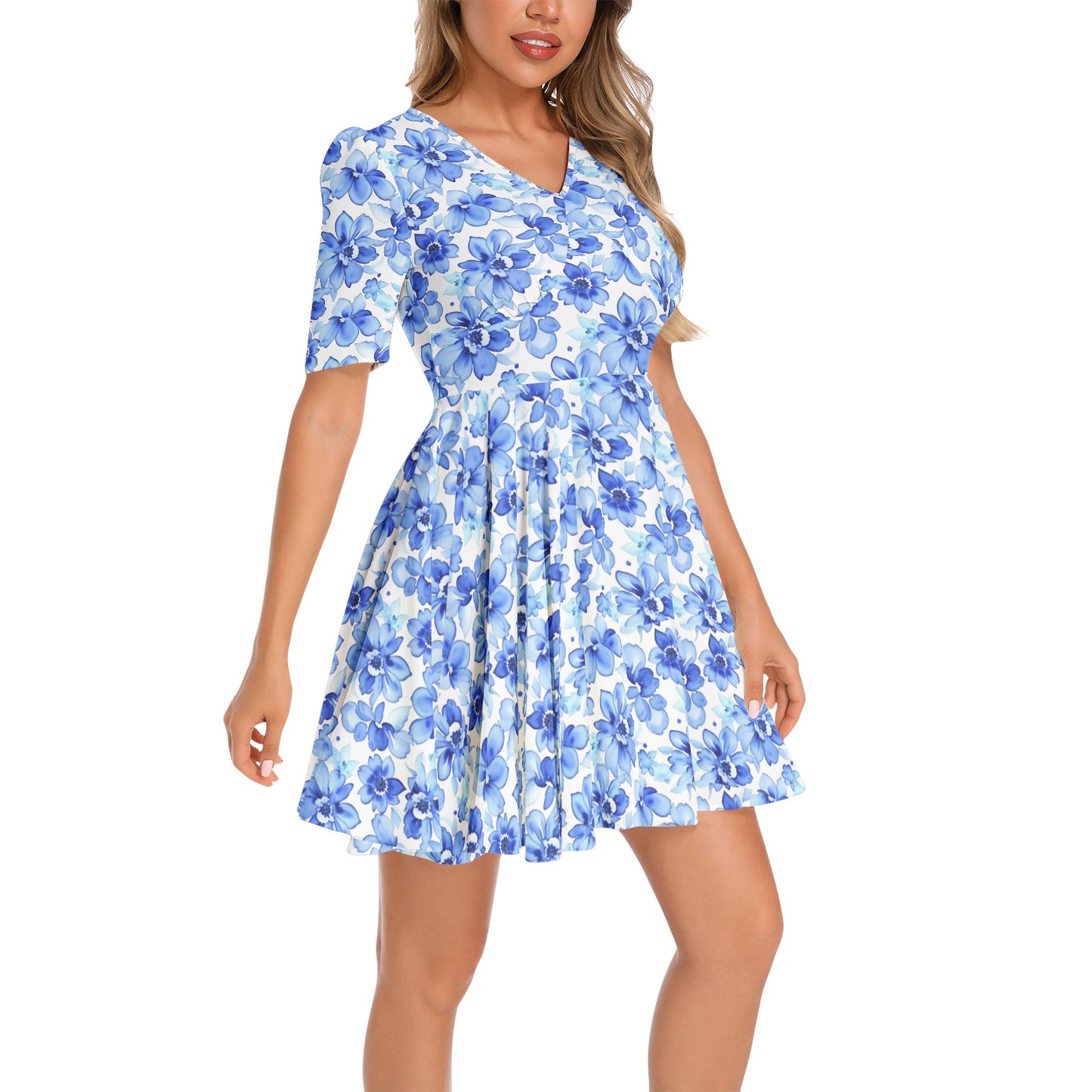 Short Sleeve Ruched Bust Flared Hem Dress