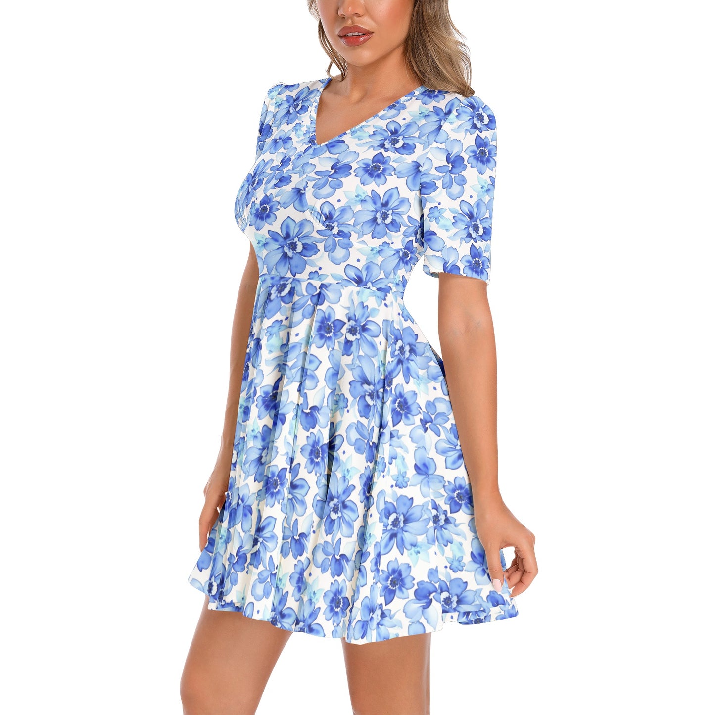 Short Sleeve Ruched Bust Flared Hem Dress