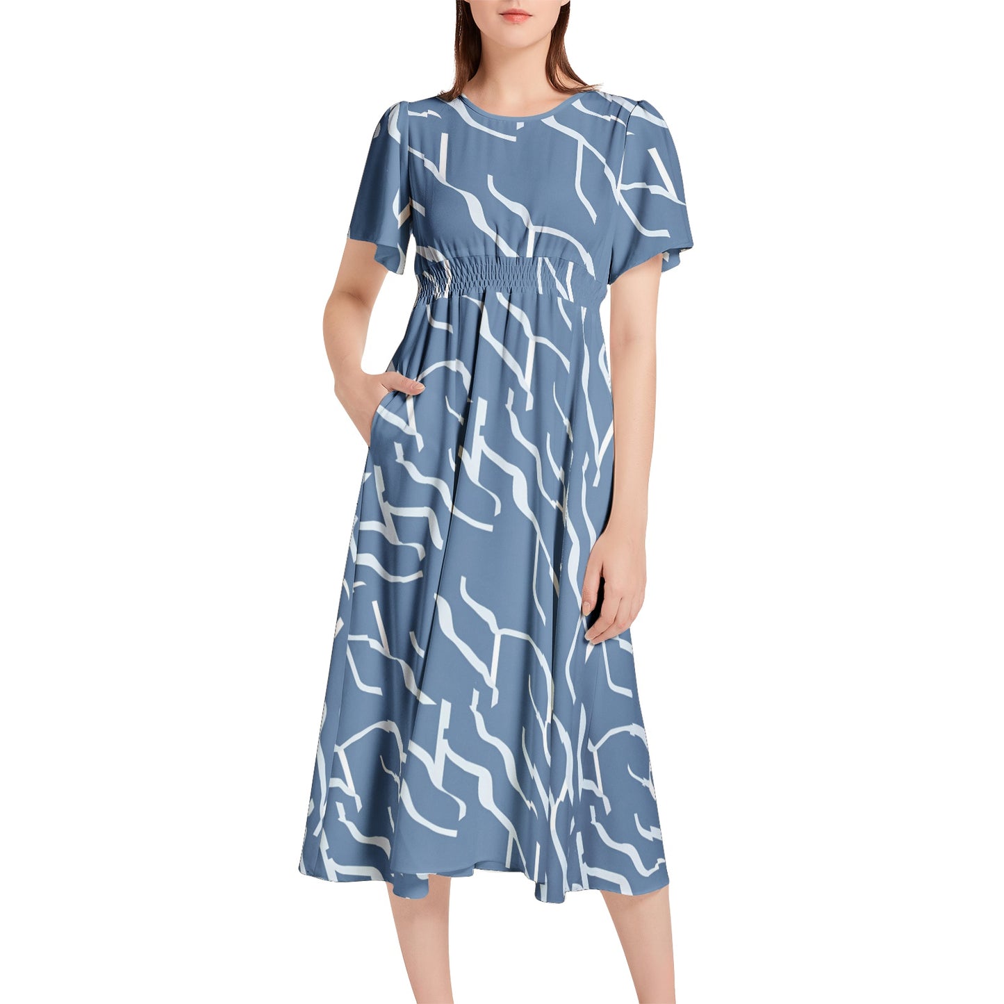 Short Sleeve Shirred Waist Midi Dress