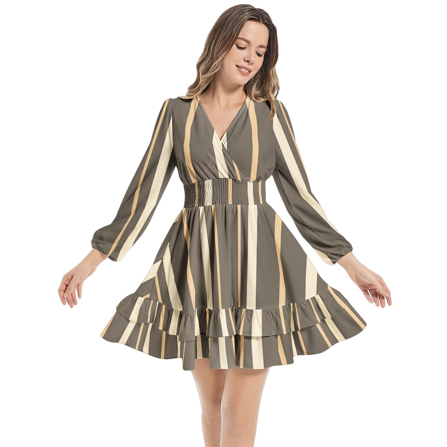 Long Sleeve Tiered Ruffle Hem Elastic Waist Mini Dress