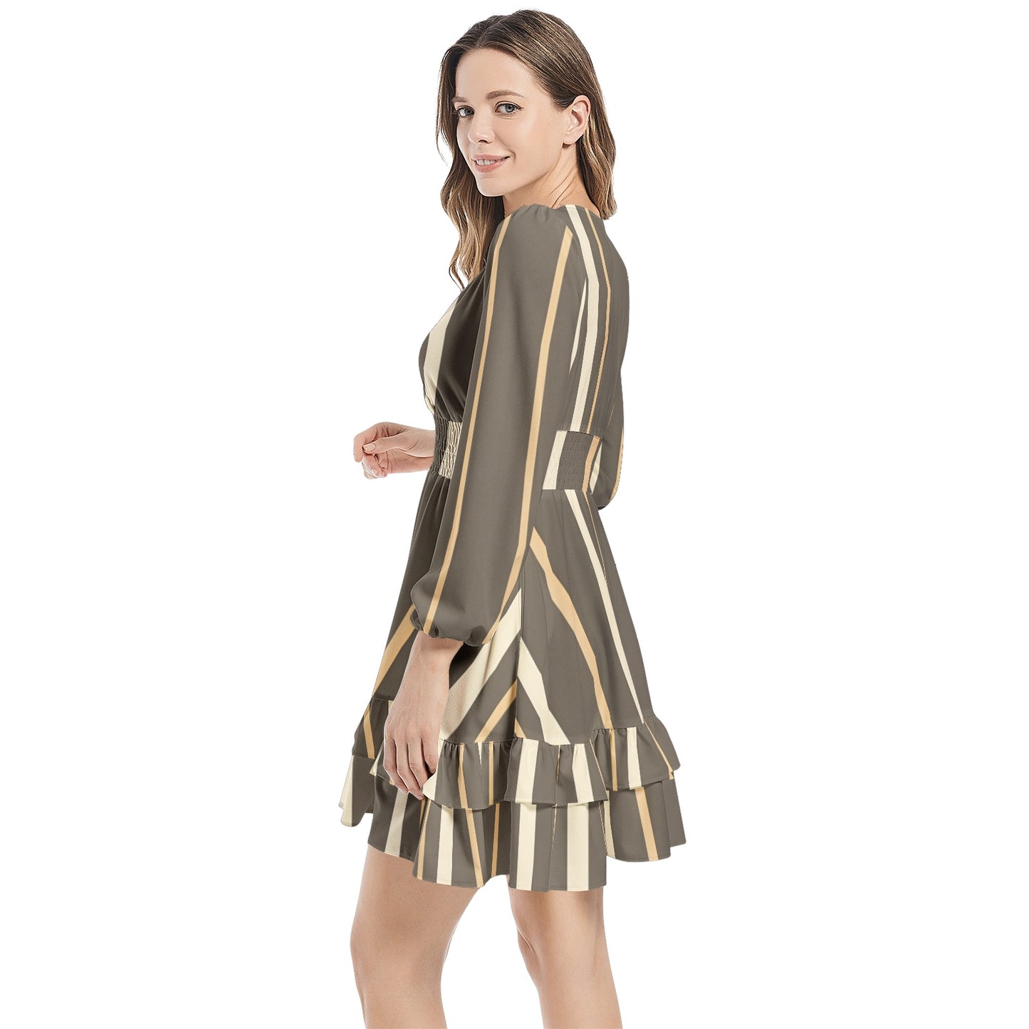 Long Sleeve Tiered Ruffle Hem Elastic Waist Mini Dress