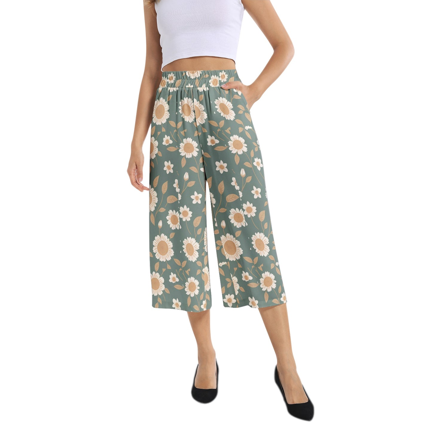 Elastic Waist Capris Wide Leg Pant