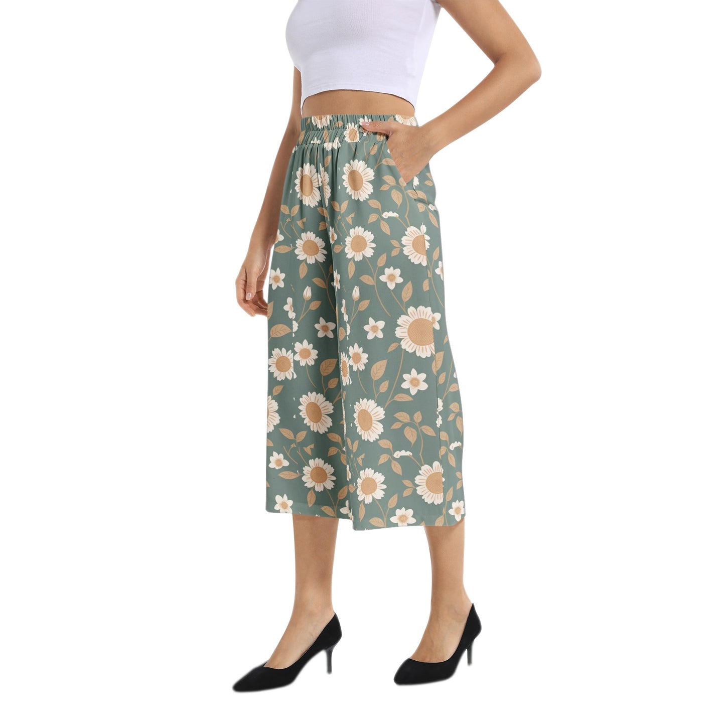 Elastic Waist Capris Wide Leg Pant