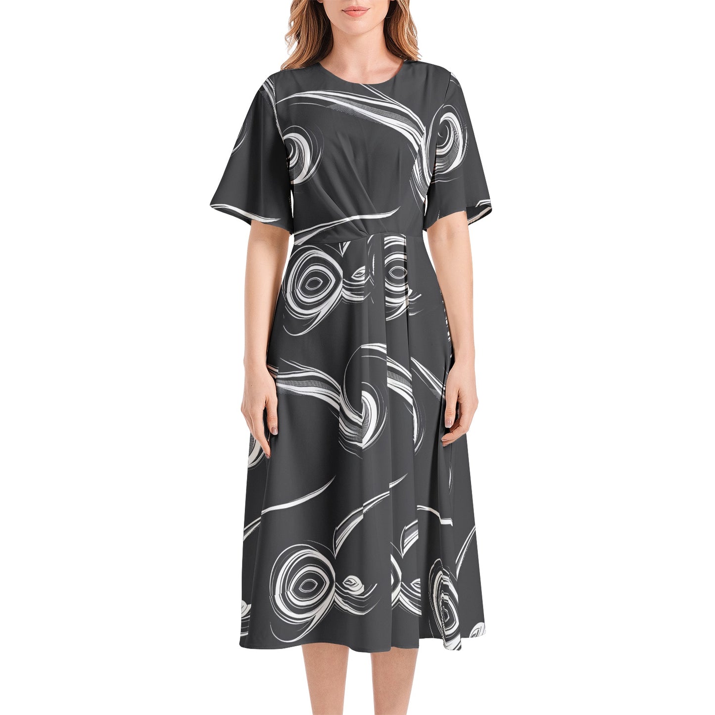 Short Sleeve Waist Folding Midi Dress