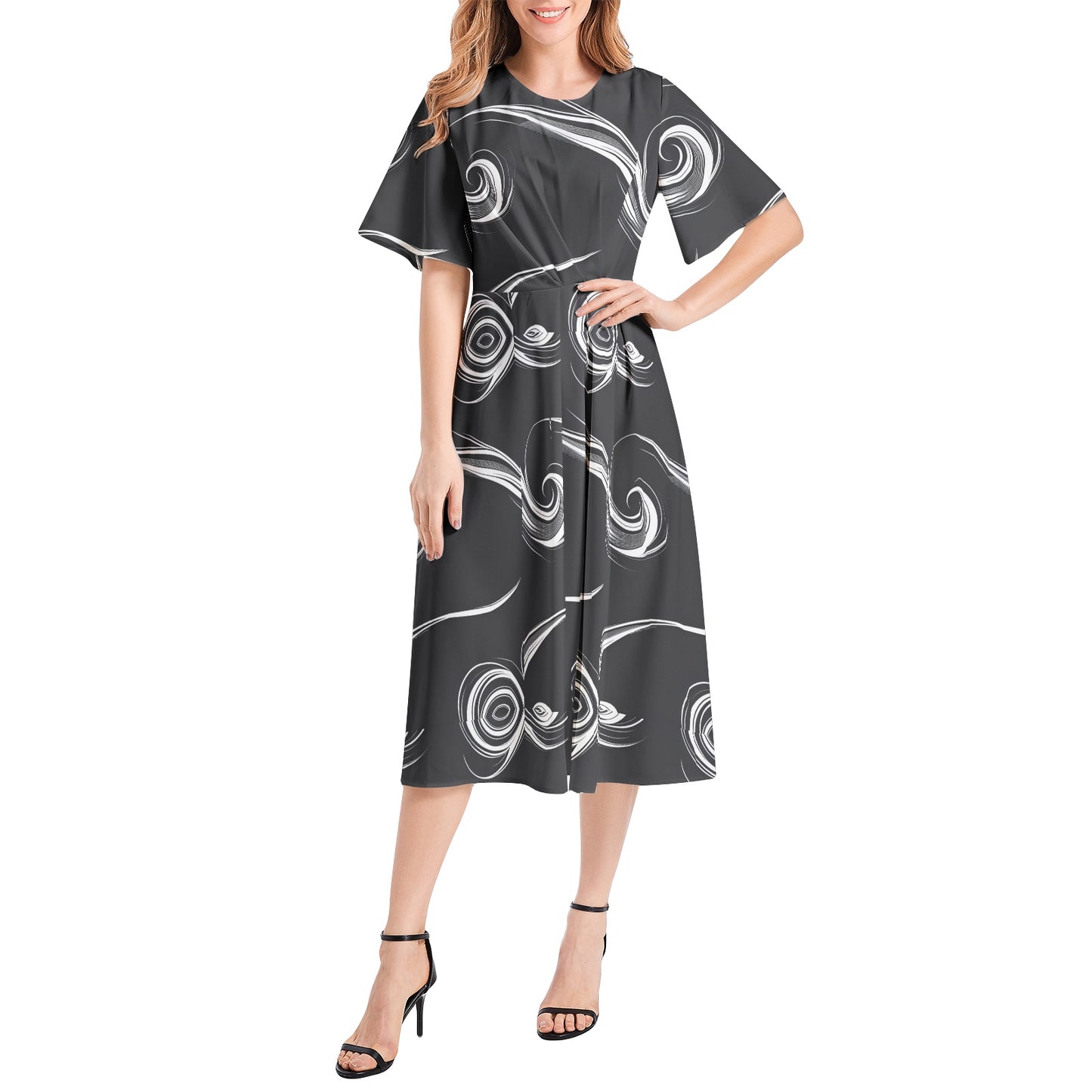 Short Sleeve Waist Folding Midi Dress