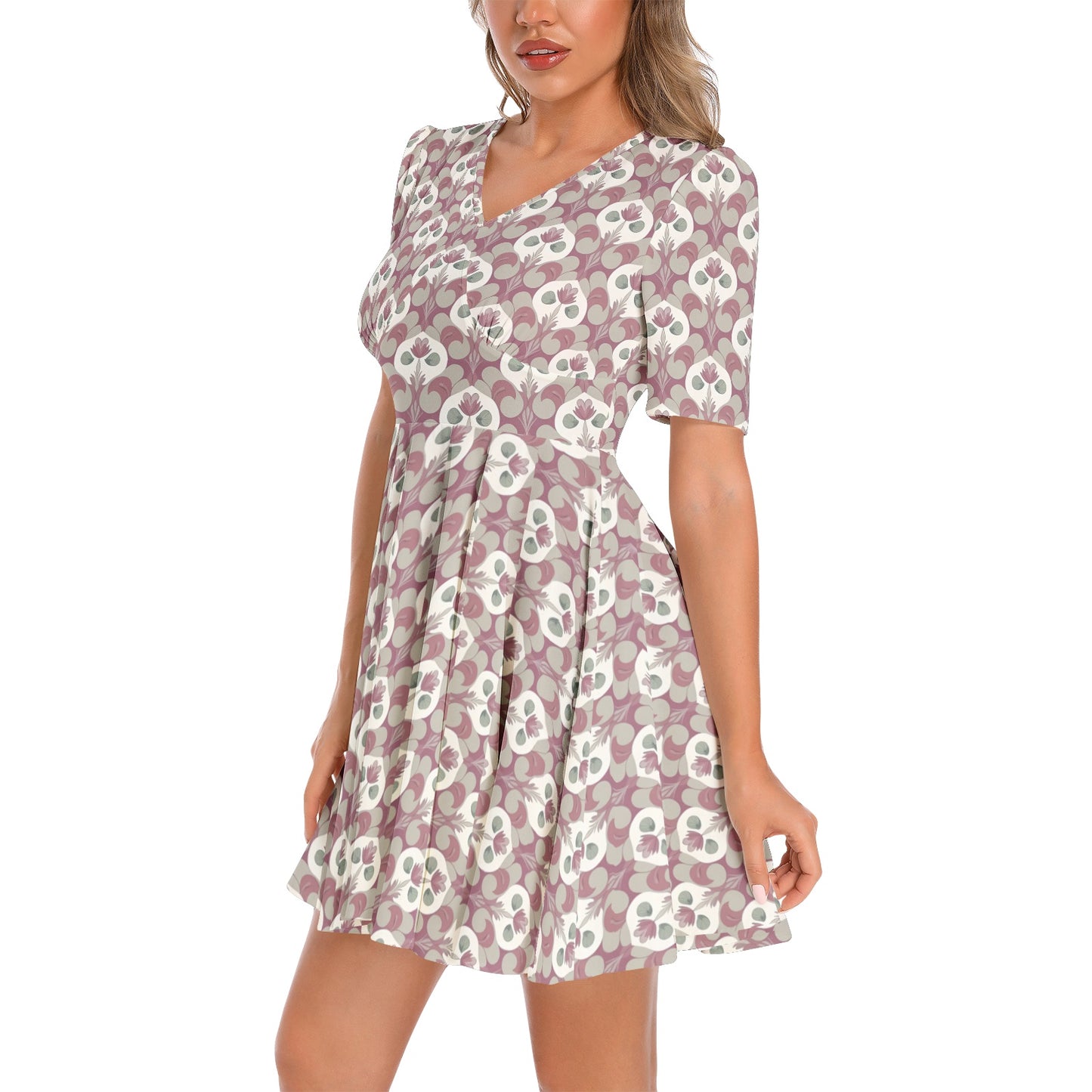 Short Sleeve Ruched Bust Flared Hem Dress