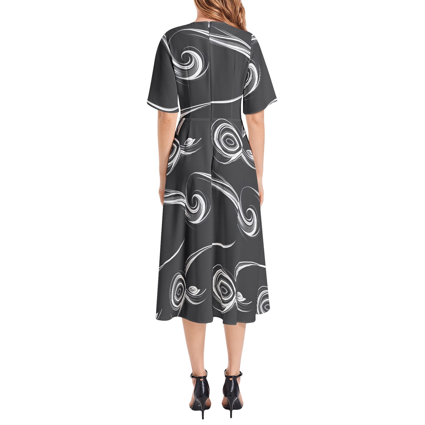 Short Sleeve Waist Folding Midi Dress