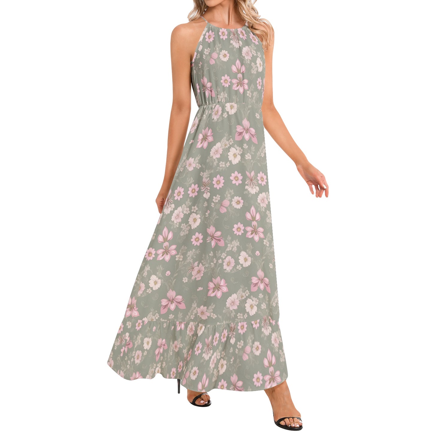 Ruffle Hem Halter Neck Maxi Dress