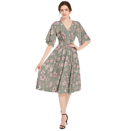 Butterfly Sleeve Shirred High Waist A Line Midi Dress