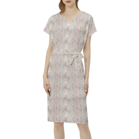 Betwing Seleeve Notch Neck Casual Dress with Belt