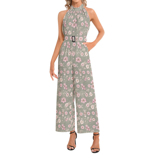 Halter Neck Buckle Belted Jumpsuit