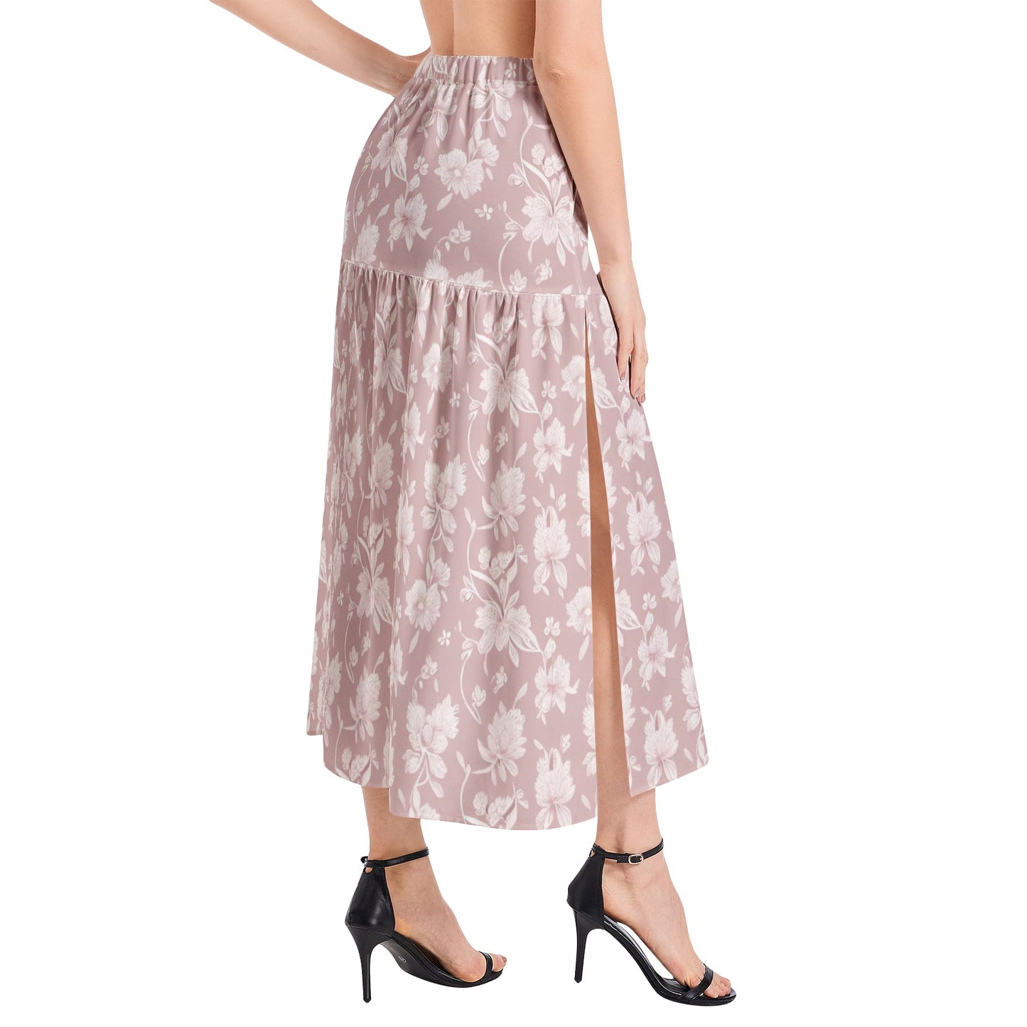 Elastic Waist Ruffle Slit Hem Skirt